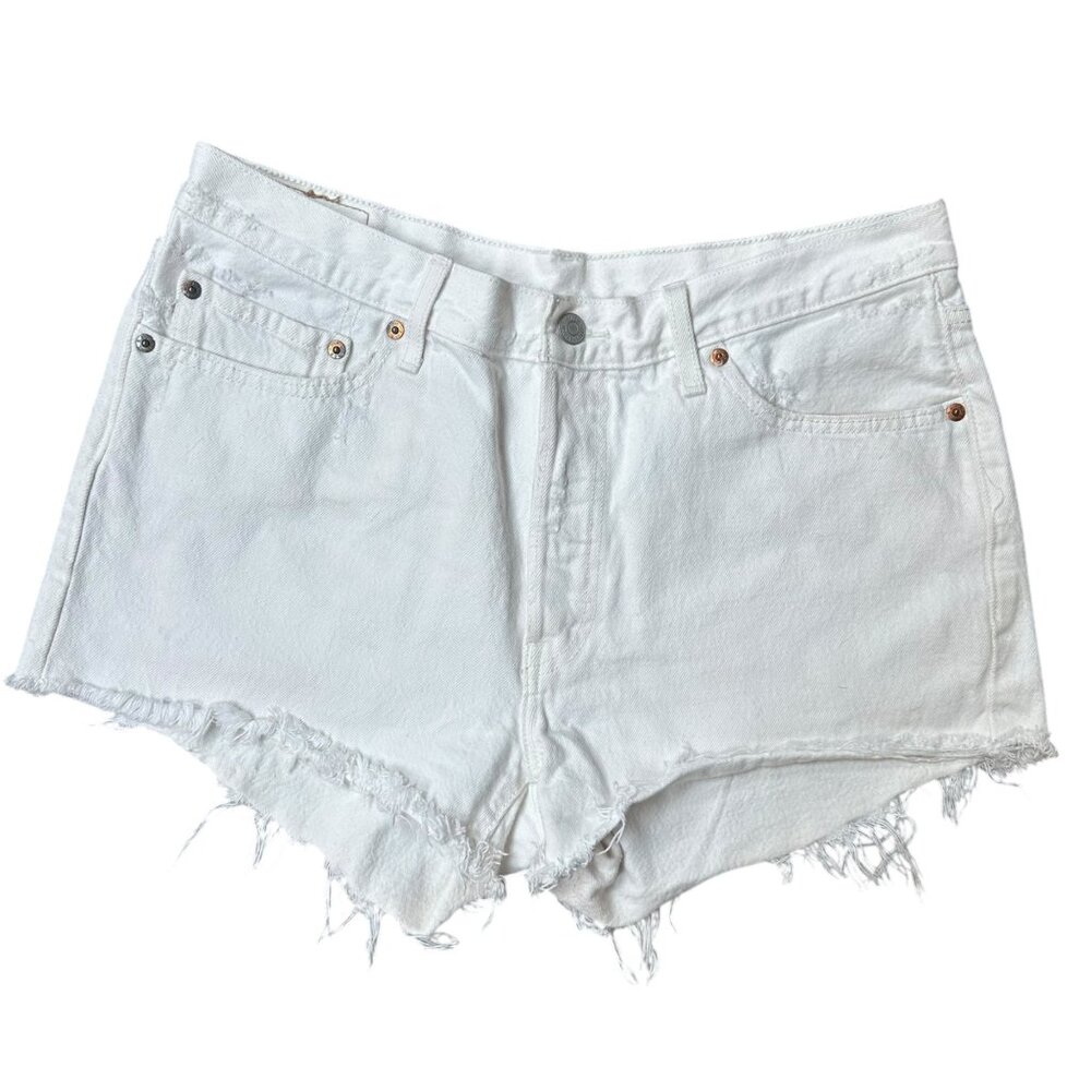 Levis 501 Shorts Cutoff White‎ Denim Mid-Rise Frayed Hem Retro Y2K W32
